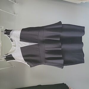 deb, black with white mesh and black rhinestone peplum dress